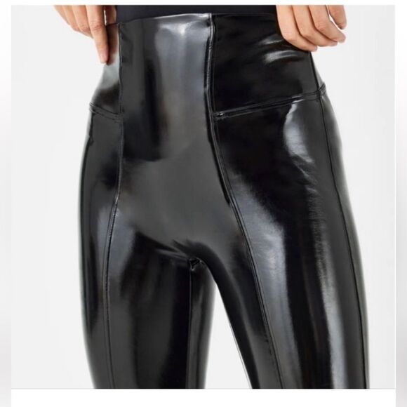 SPANX Sleek Black shaping High Waist Faux Leather Patent Leggings Size XS NWOT - Picture 4 of 14